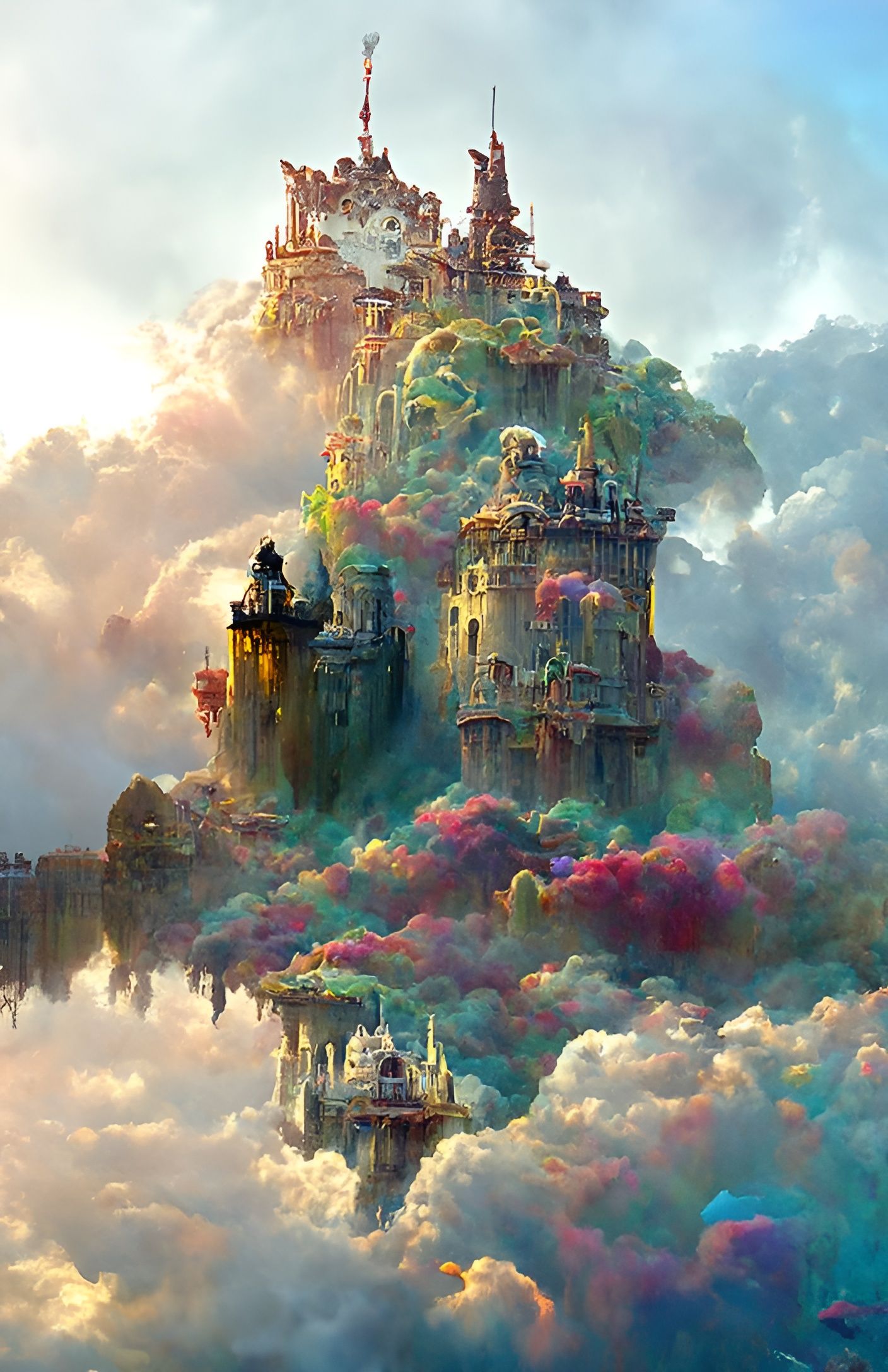 Floating Castle in Clouds with Auroras