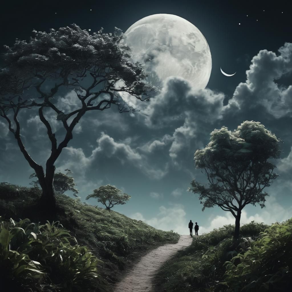 Silhouetted Plants on Moonlit Cloudy Crescent Path