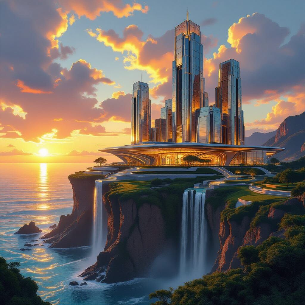 Hyperrealistic Clifftop Castle in Art Deco Style
