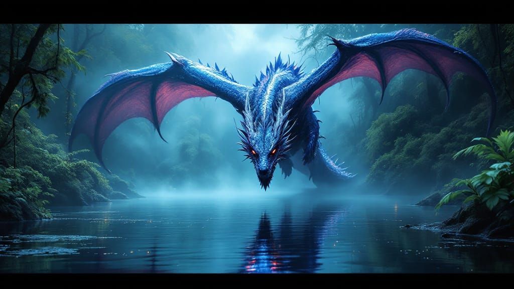 Ethereal Blue Dragon Soars Amidst Primeval Forest