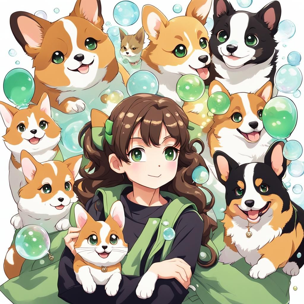 Anime Girl with Corgi Puppy in Bubble Theme