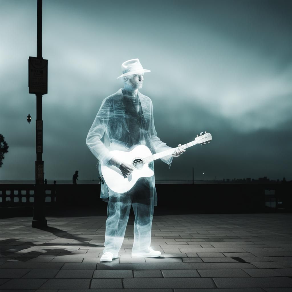 Ethereal Bioluminescent Busker Double Exposure at Night