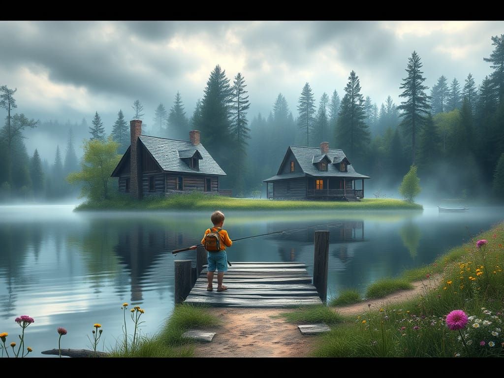 Serenely Golden Hours of Father and Son on Wooden Dock by La...