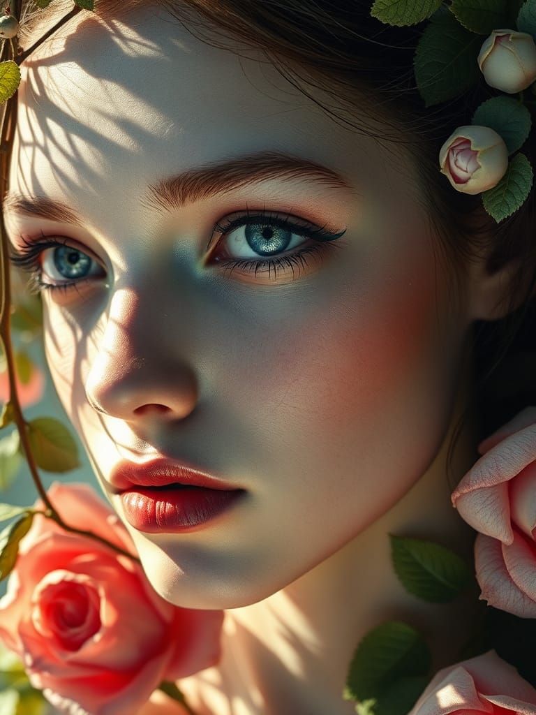 botanical elements, leaves and rose, glass cracks, pale skin, surreal beauty, light blue eyes, nature merging with face,...