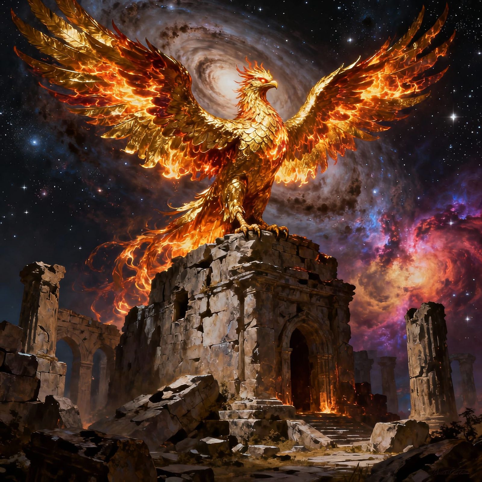 Majestic Golden Phoenix on Ancient Ruins