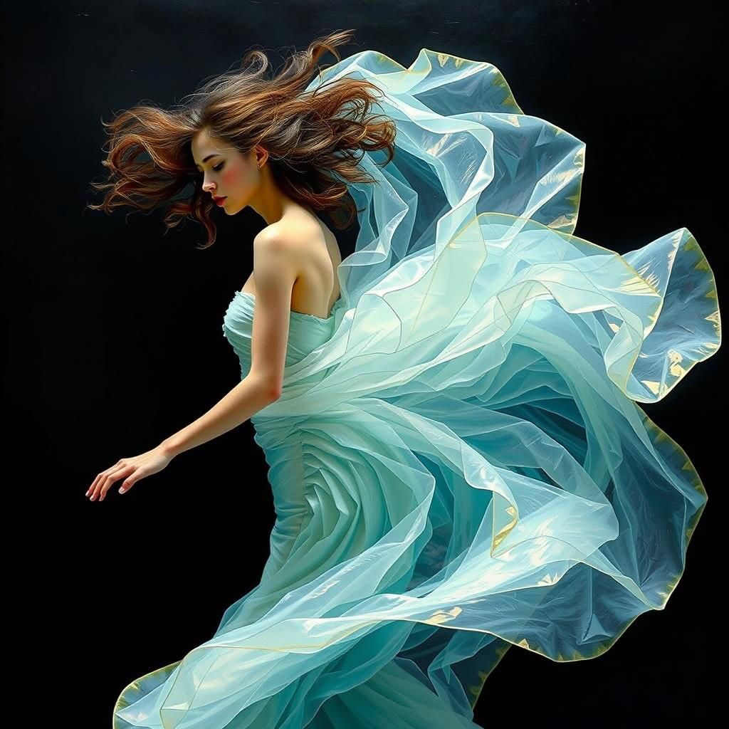 Woman Dancing in Vaporous Dress: Surreal Hyperrealistic Art