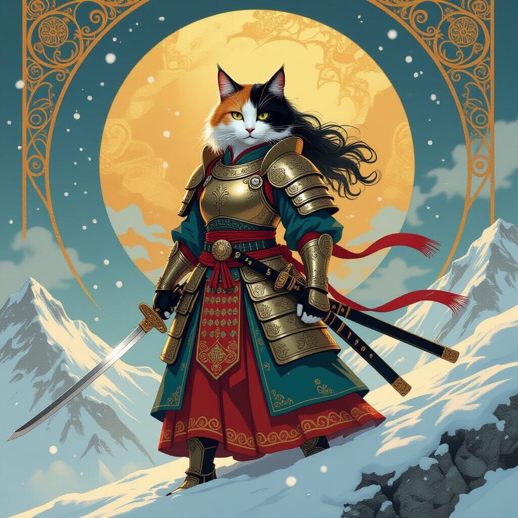 Samurai Cat Warrior in Art Nouveau Style