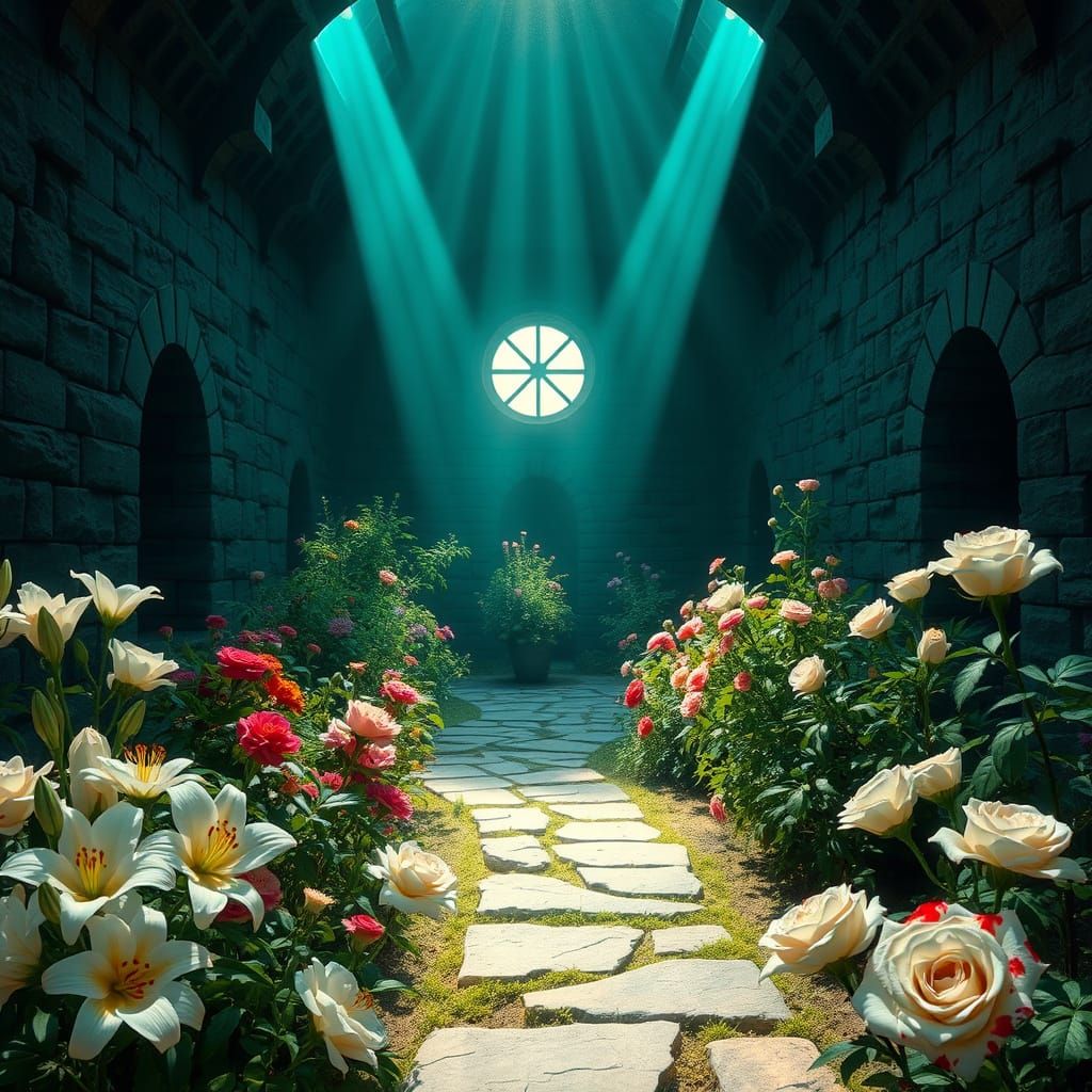 Indoor Garden with Bloodstained Roses and Blue-Green Light