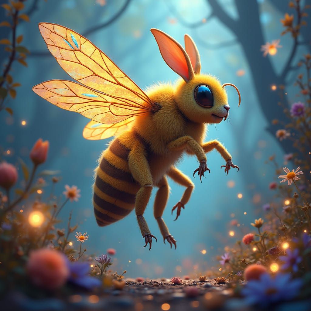 Dreamlike Bee-Rabbit Hybrid in Vibrant, Biomechanical Landsc...