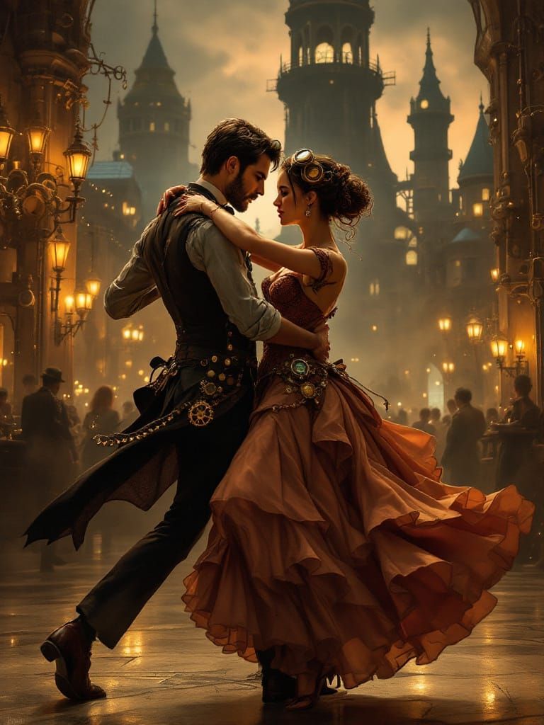 Steampunk Couple Tango in Romantic Victorian Setting