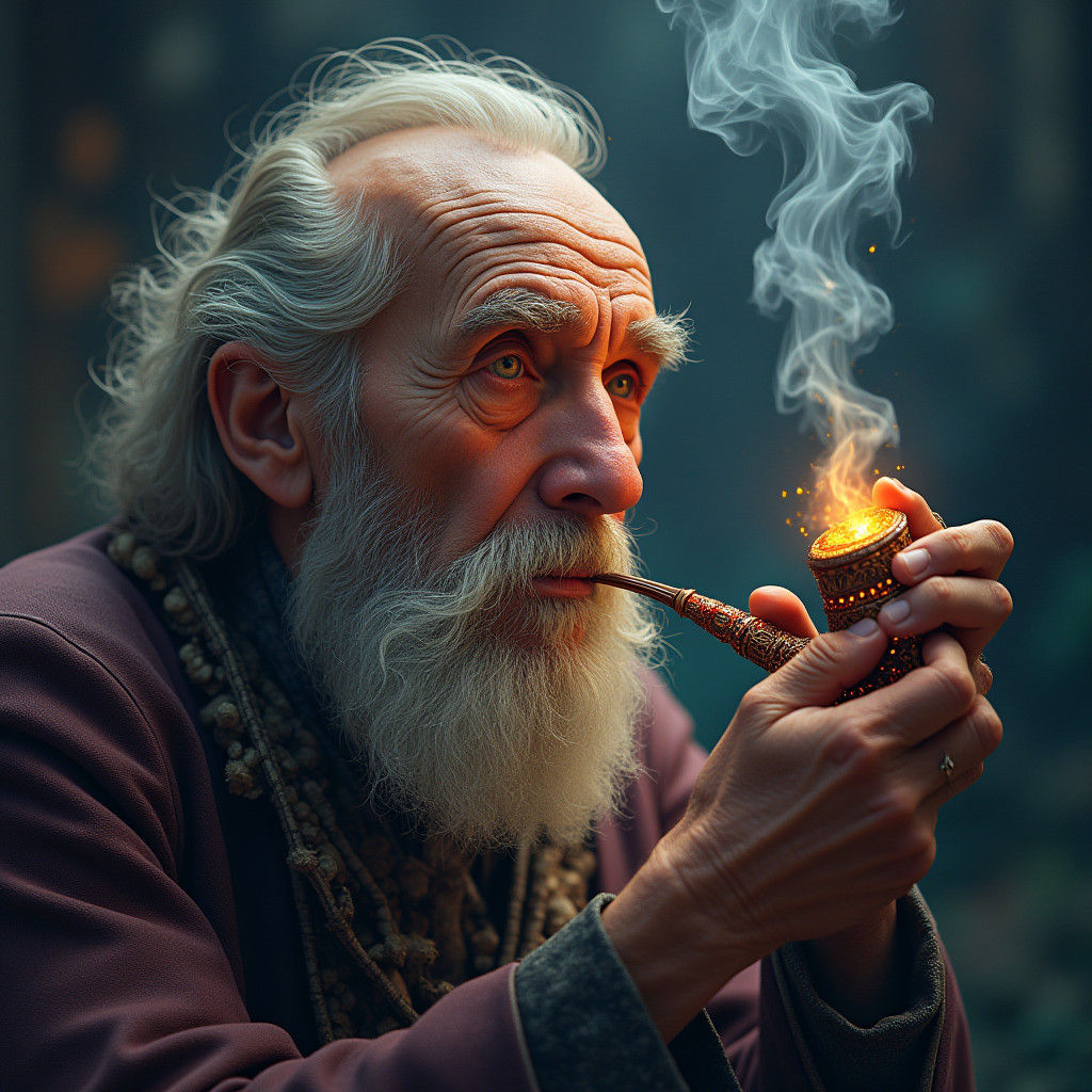 Mystical Elderly Man Smoking Pipe in Dreamlike Setting