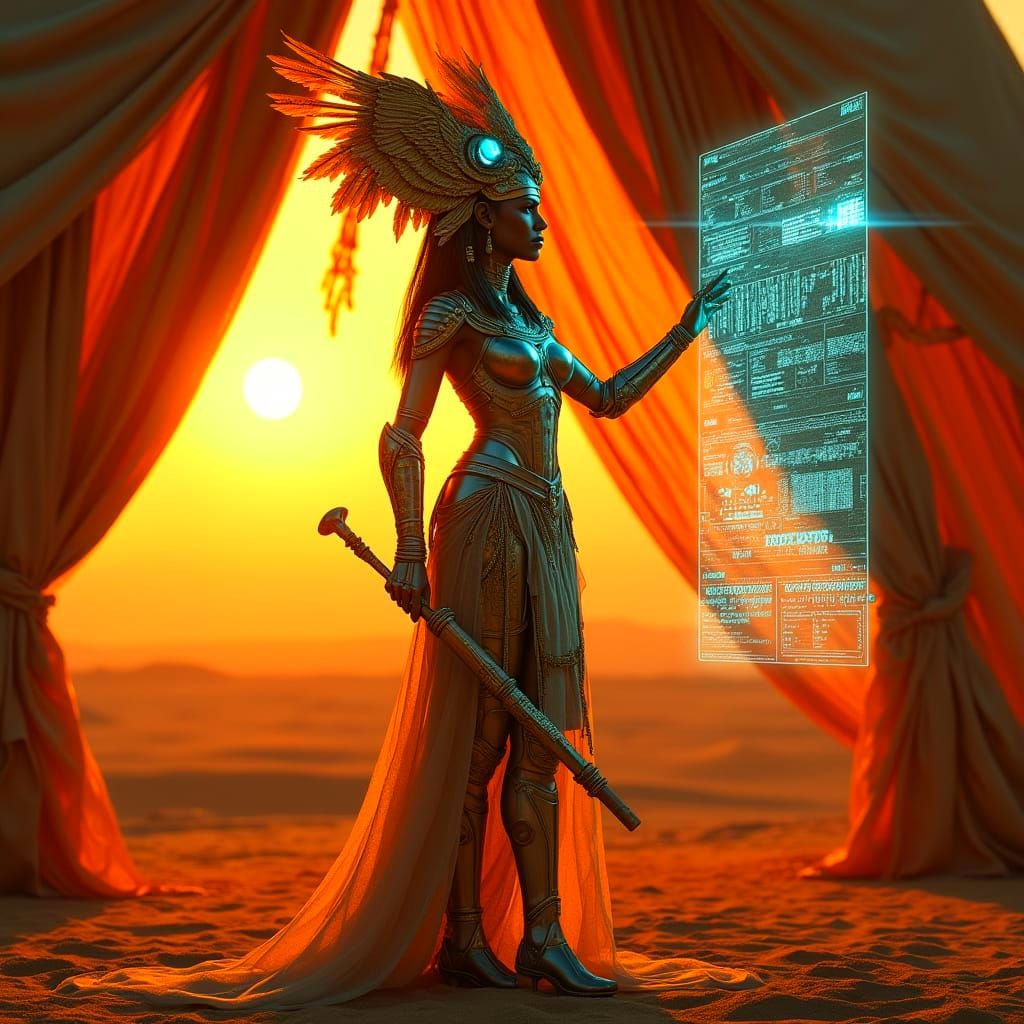 Futuristic Cleopatra as Desert Strategist in Lavish War Tent