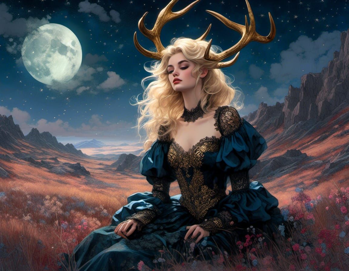 Woman with Antlers in Starry Alpine Meadow