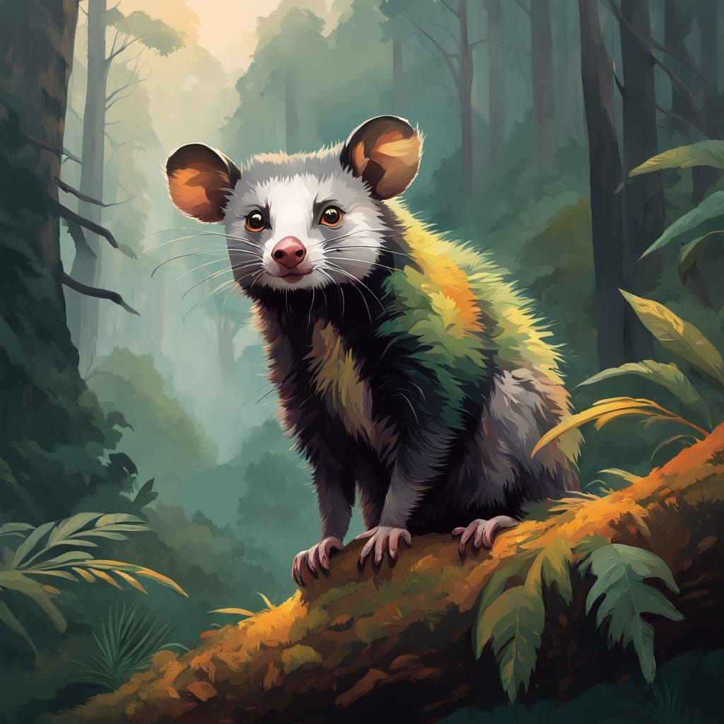 Vibrant Fauvist Opossum Portrait in Misty Mountain Forest