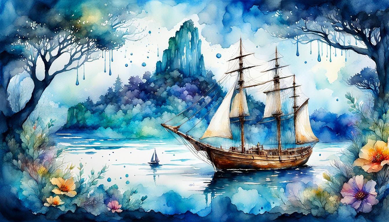 Watercolor Sailing Boat with Impressionist Garden