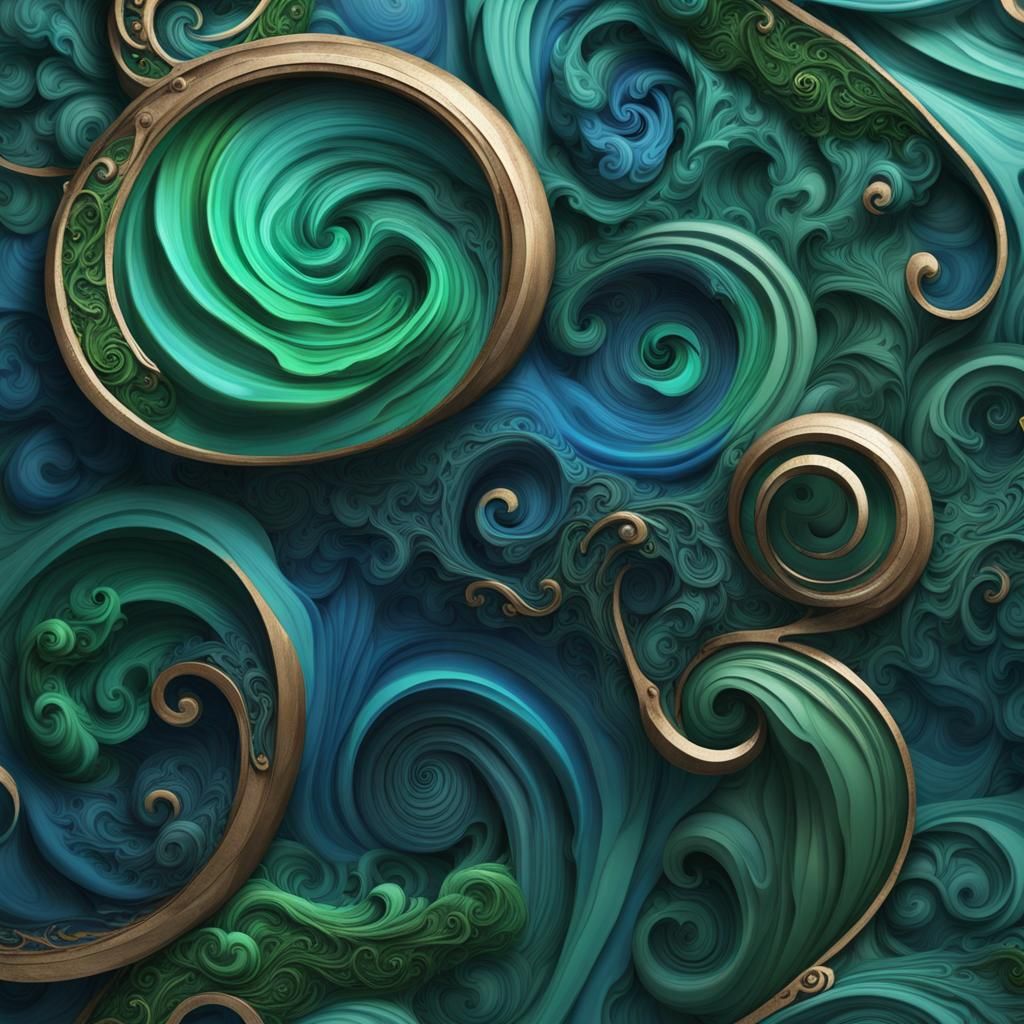 Blue Green Swirl Nail Art in Digital Painting Style