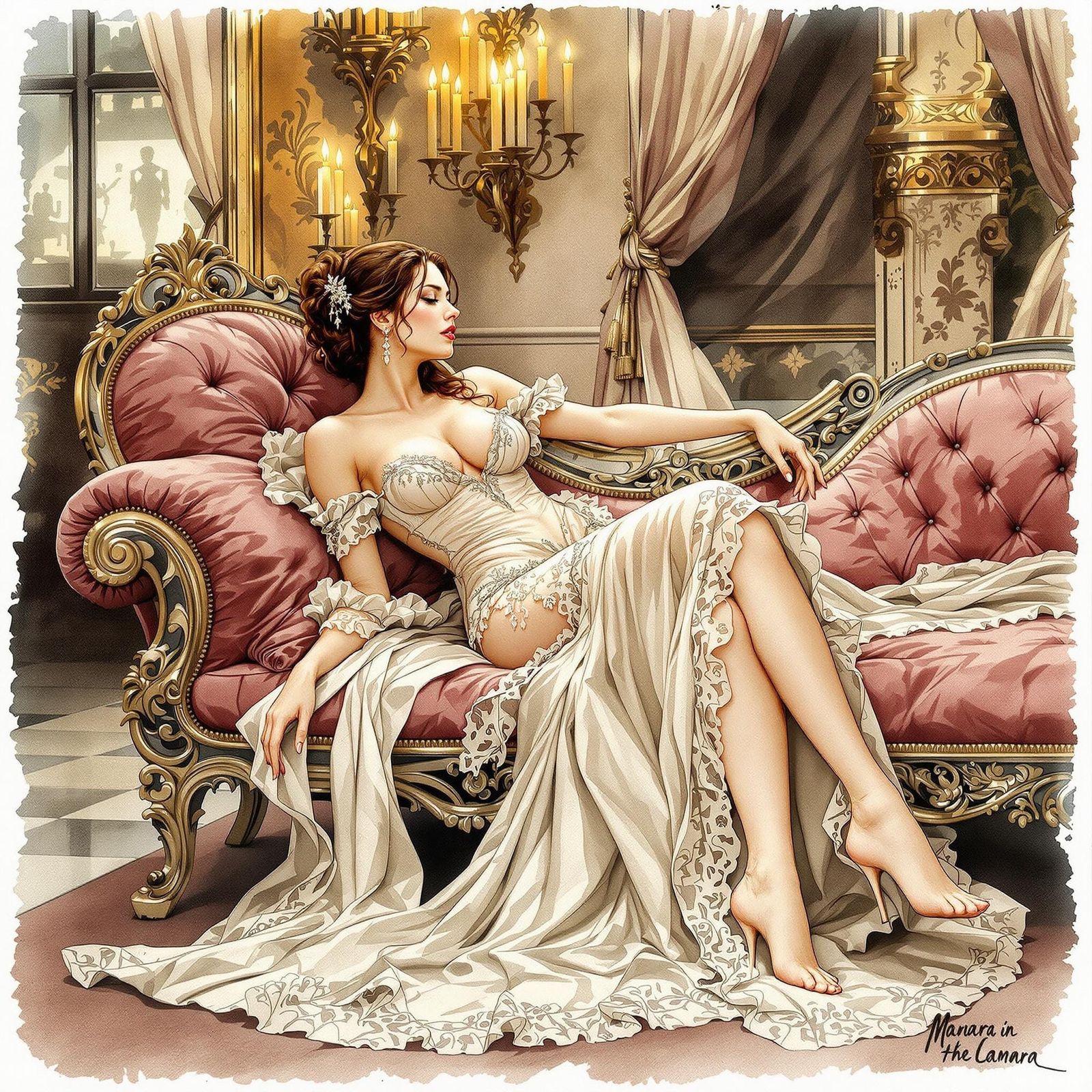 Elegant Renaissance Courtesan in Candlelit Palace