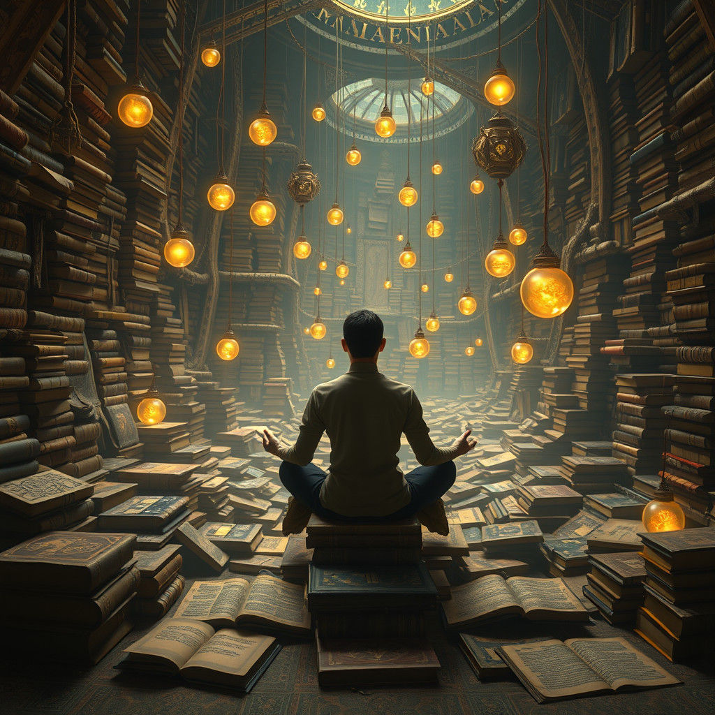 Mystical Figure Connected to a Labyrinth of Knowledge