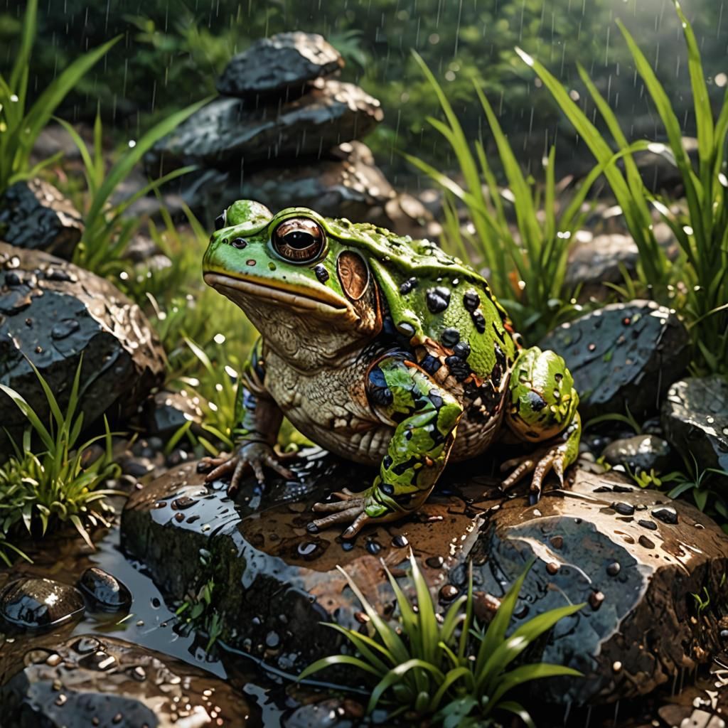 Toad on Rain-Soaked Rocks: Hyperrealistic Illustration