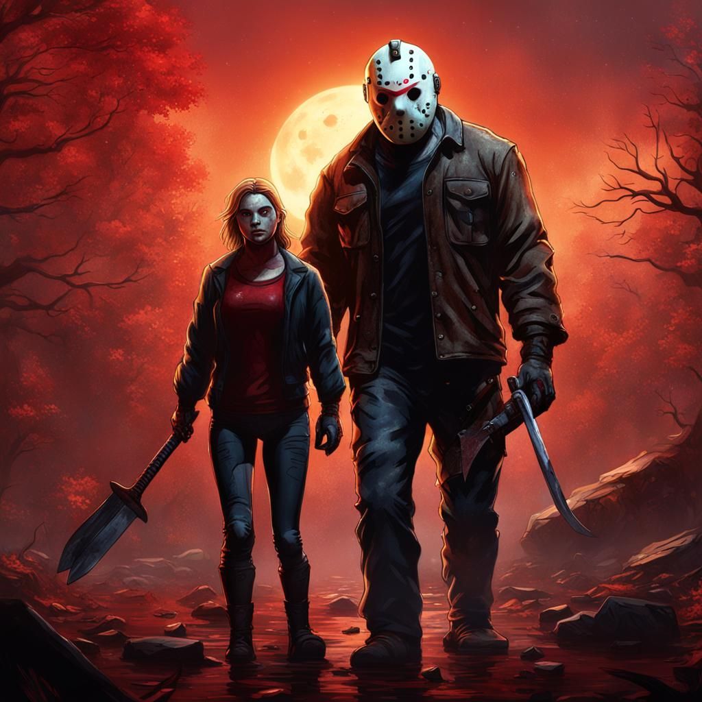 Jason Voorhees and Final Girl in Detailed Painting