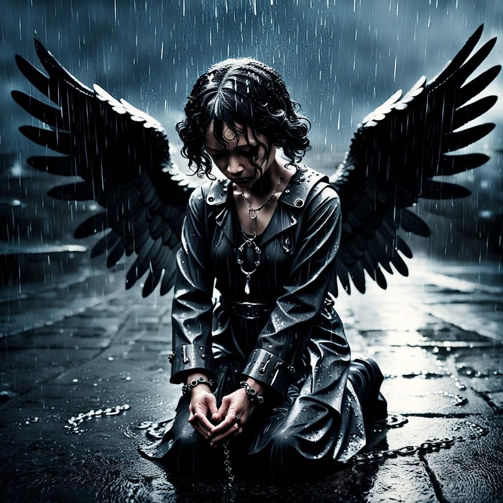 Kneeling angel in the rain with handcuffs