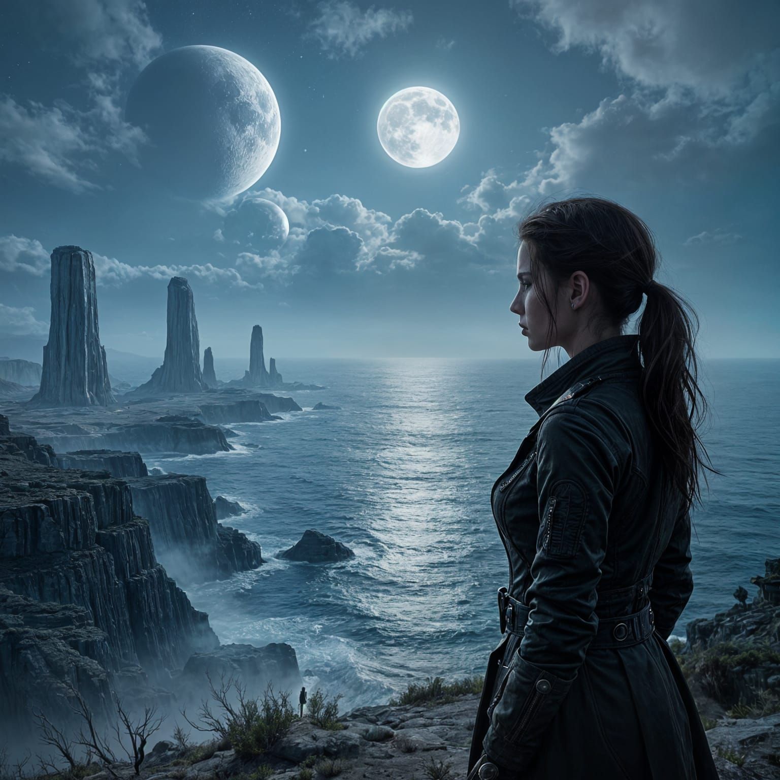 Lone Woman on Alien World Overlooking Ocean with Two Moons