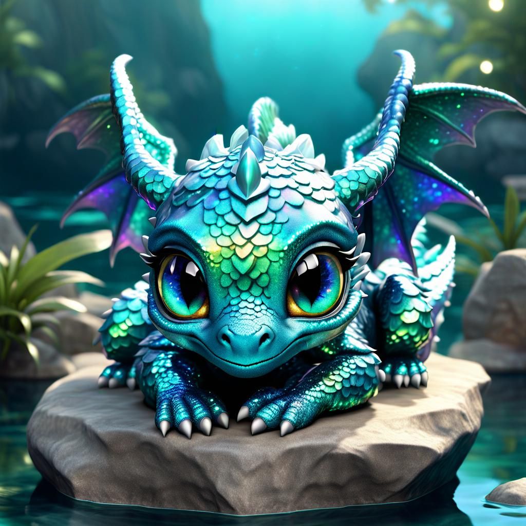 Iridescent Baby Dragon in Dreamy Aqua Landscape