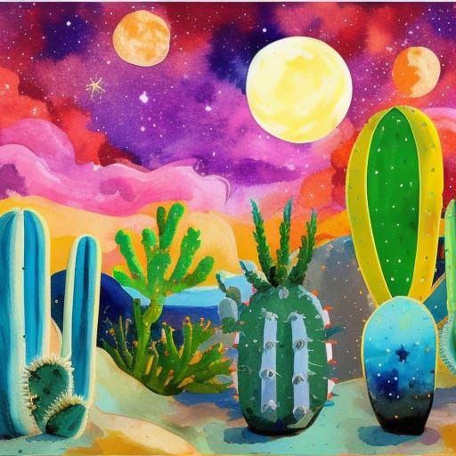 Desert Cacti Under Starry Sky in Gouache Style
