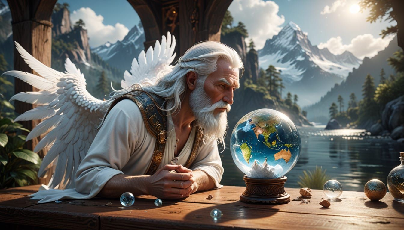 Elderly Winged Man Holds Glowing Earth Globe