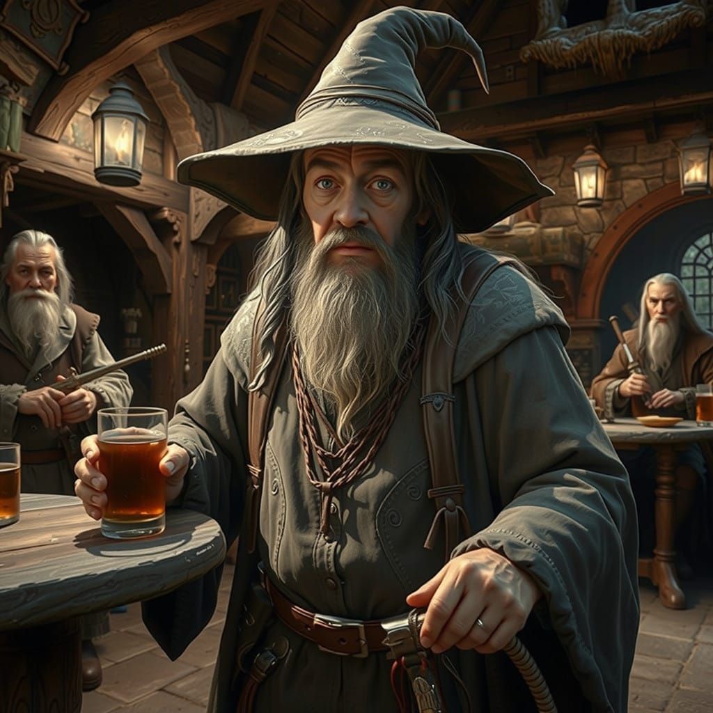 Gandalf Meets a Hunter in Vibrant Bree Tavern