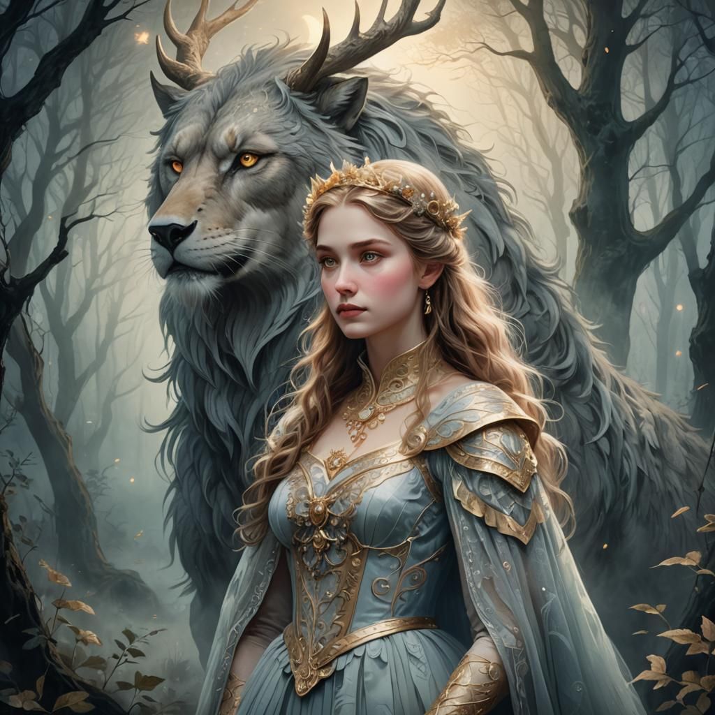 Fairytale Maiden and Beast in Enchanted Forest