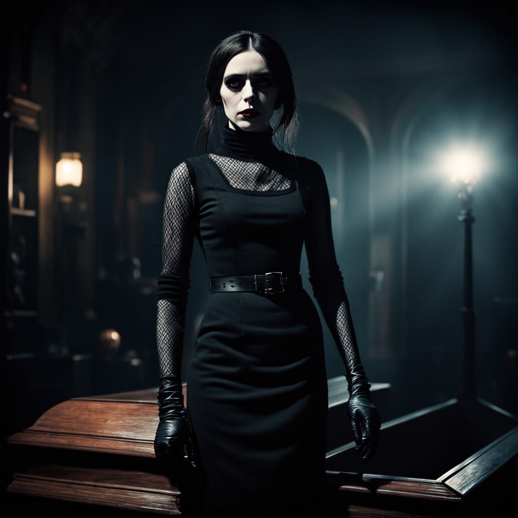 Elegant Gothic Muse in a Coffin