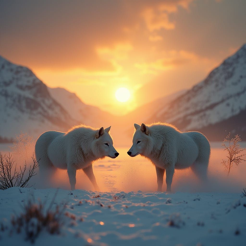 Two Wolves in Golden Mist, Photorealistic Style