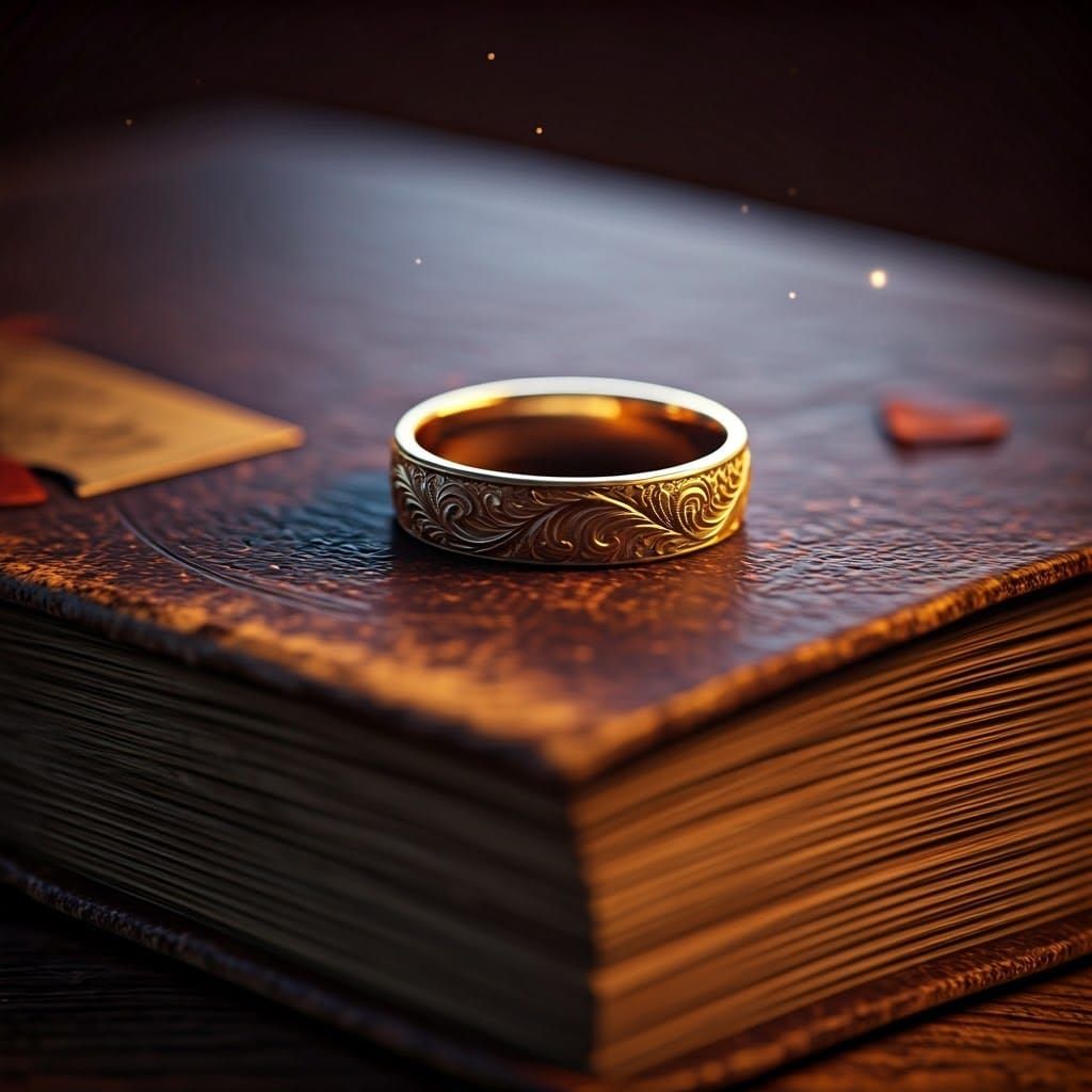Golden Wedding Ring on Book in Cinematic Style