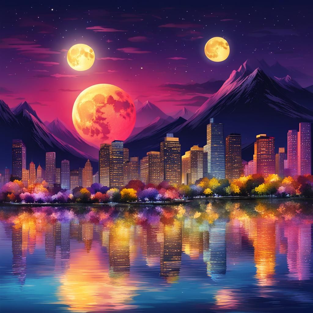 Romantic Night Cityscape with Lake and Moon