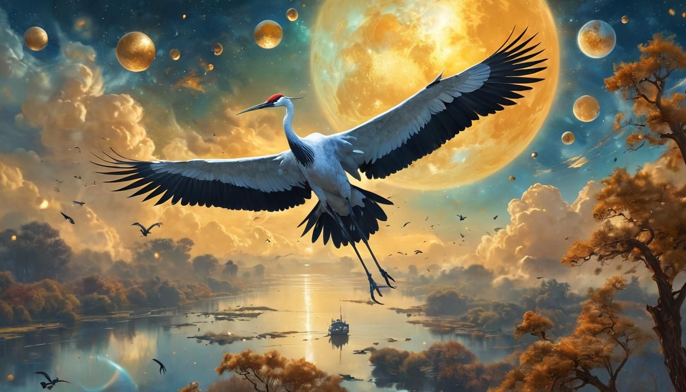 Cranes Pulling Golden Chariot in Dreamy Sky