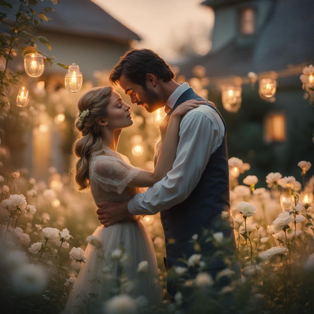 Romantic Garden Embrace in Golden Light