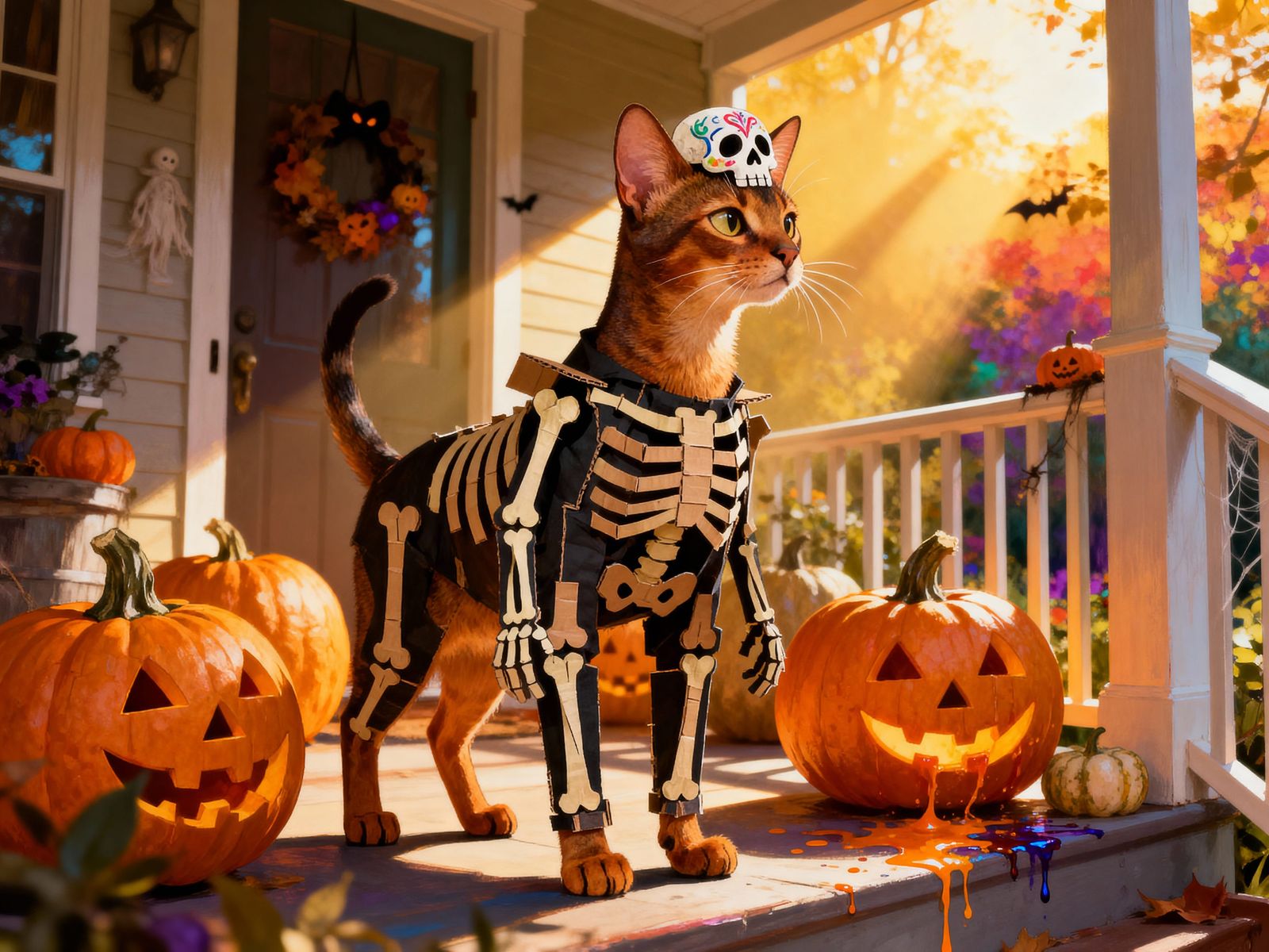 Whimsical Abyssinian Cat Skeleton Among Jackolanterns