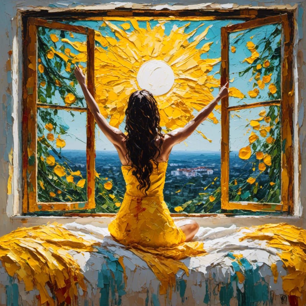 Young Woman Awakes to Whimsical Sun: Impasto Painting