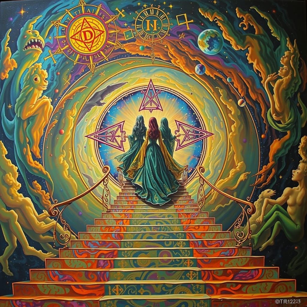 Three Sisters Ascend Celestial Staircase in Hyperrealistic S...