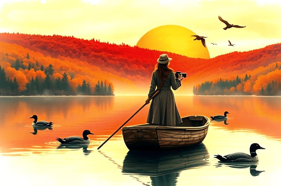 Vintage Watercolor of Woman on New England Lake