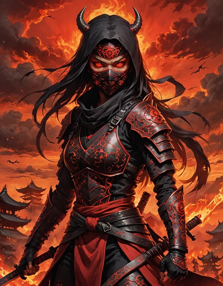 Fiery-Eyed Female Demon Ninja in Red Sky