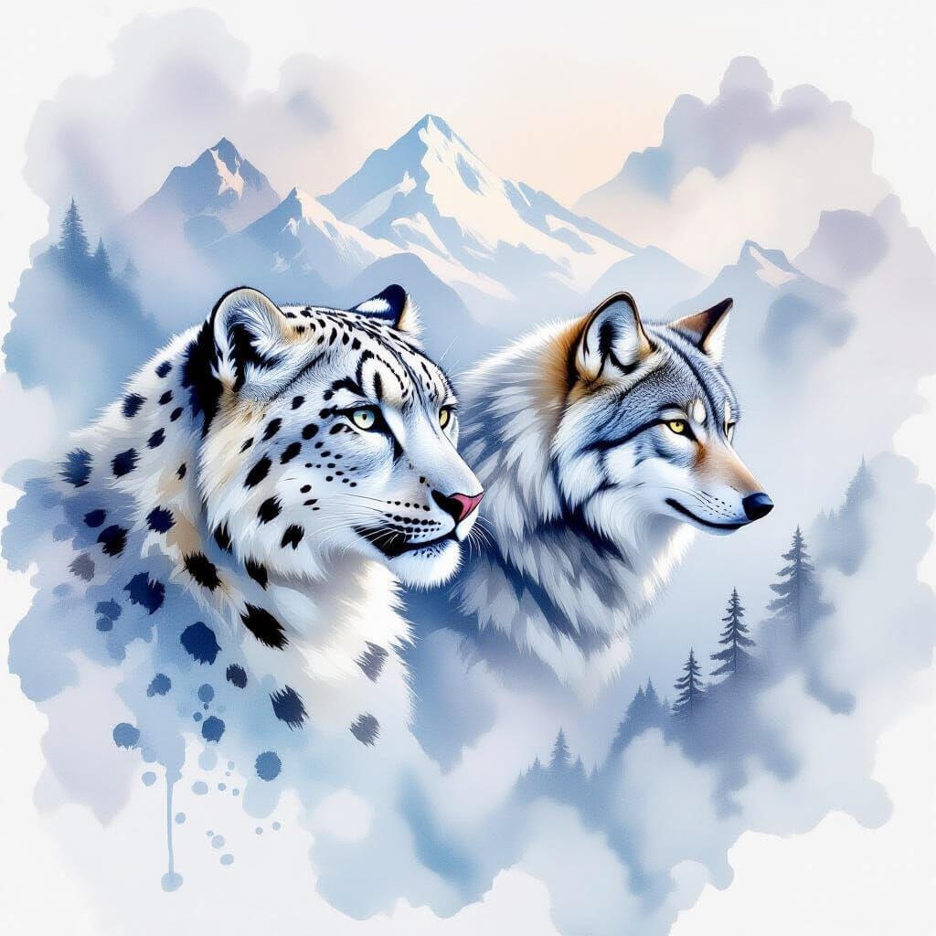 Watercolor Snow Leopard and Wolf Dreamscape