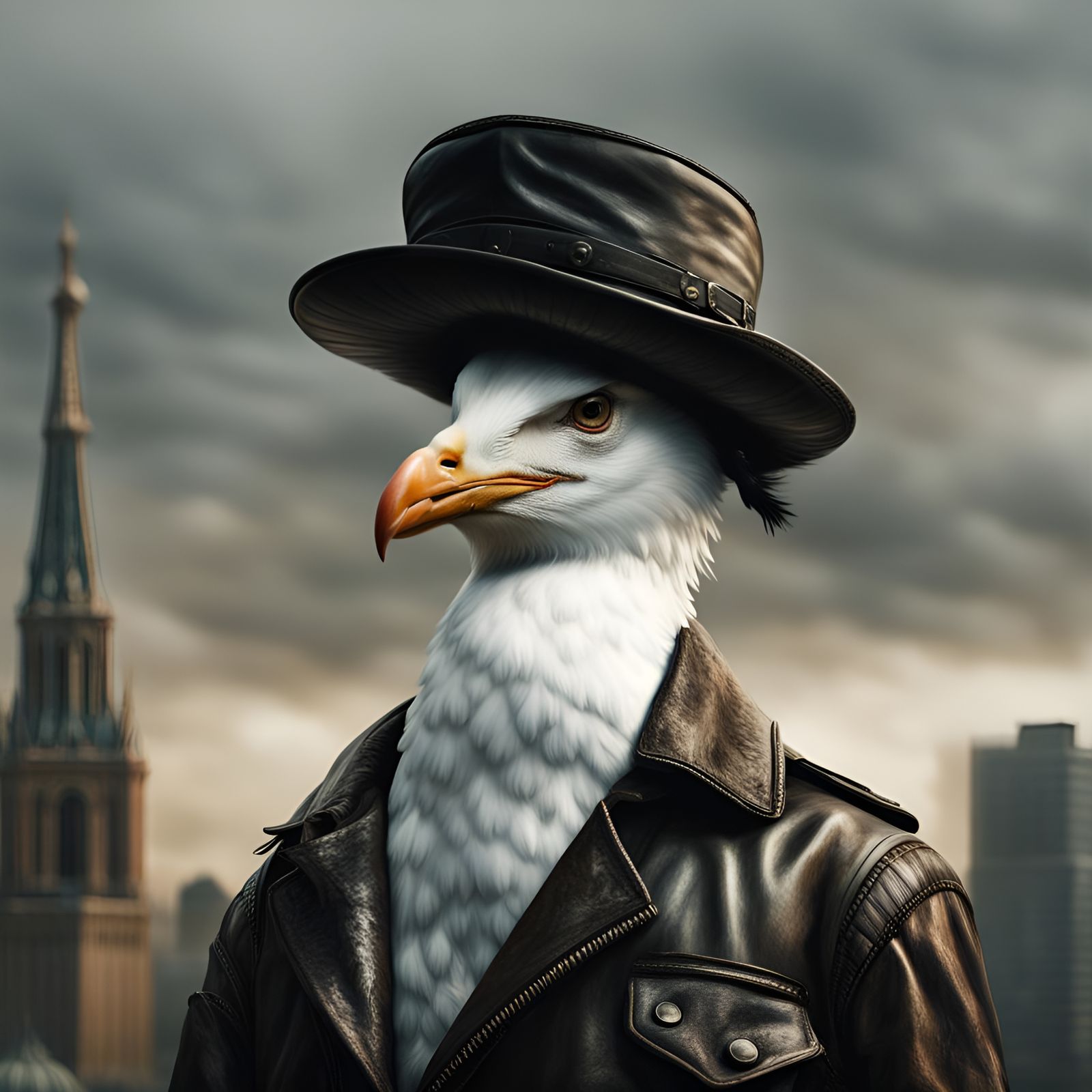 Seagull in Leather Jacket, Hyperrealistic Mixed-Media Art