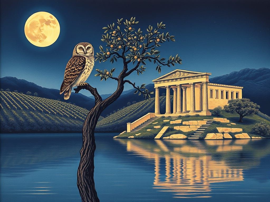 Ethereal Moonlit Owl Amidst Ancient Ruins in Serene Sumi-e A...