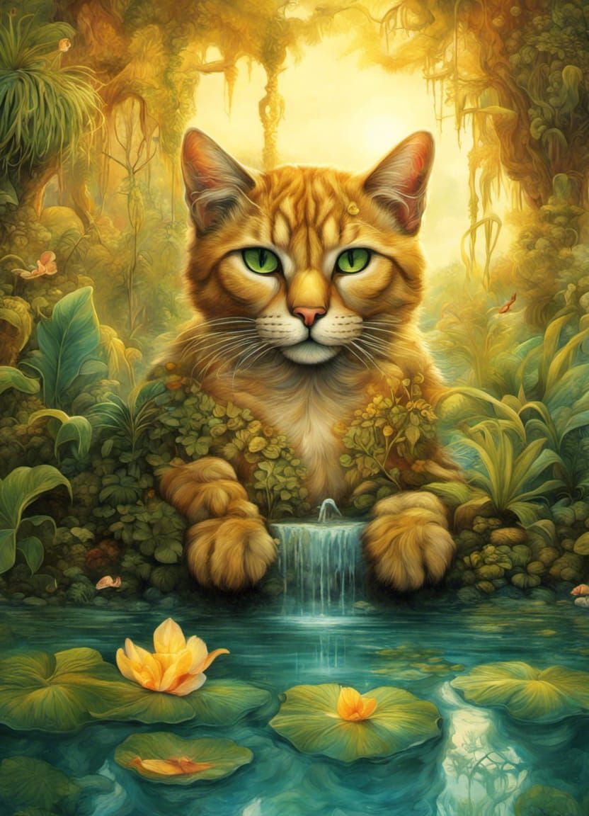 Tropical Puma at Waterfall in Detailed Matte Painting