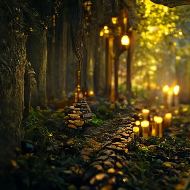 Forest Path with Glowing Lanterns in Matte Painting Style