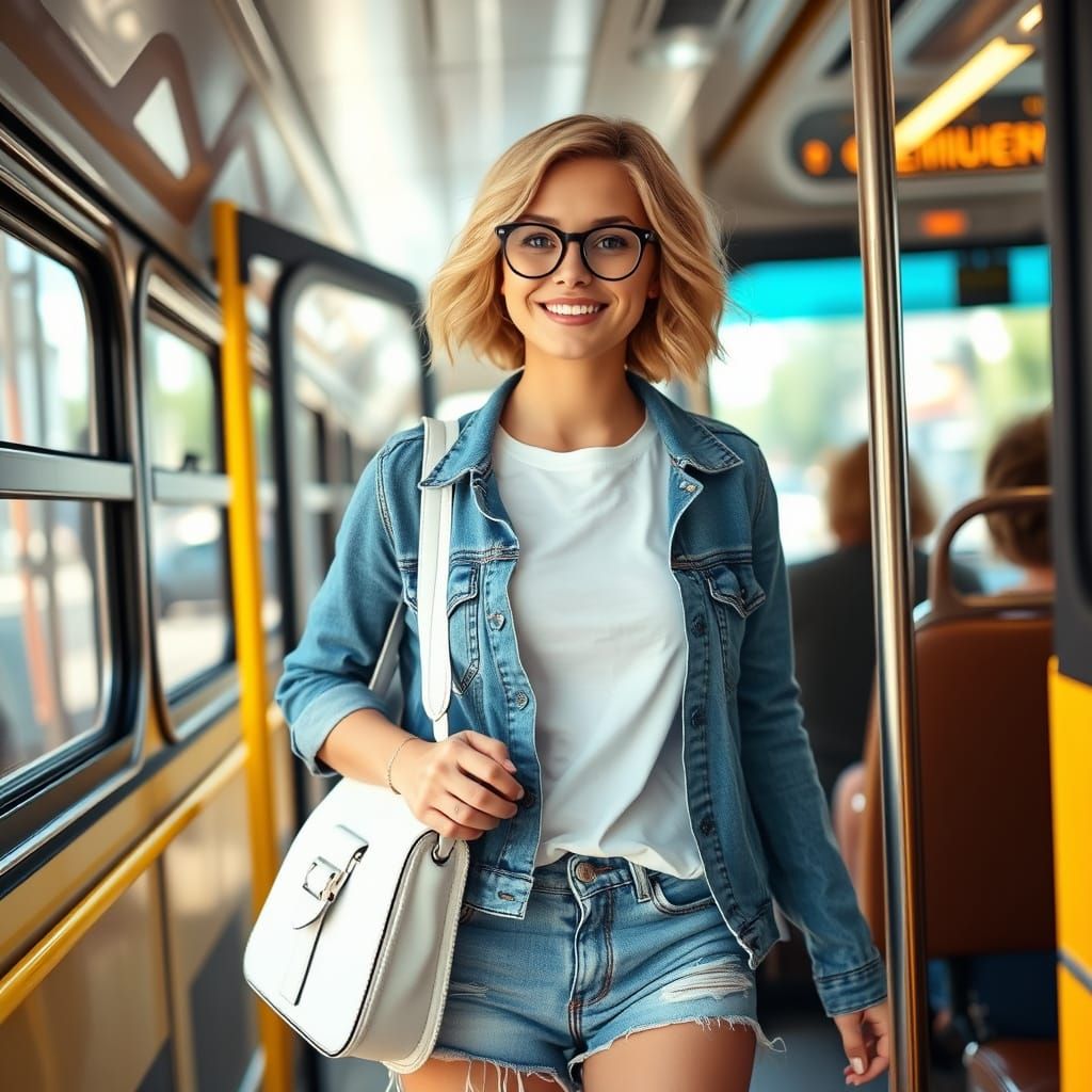 Carefree Woman Stepping Off a City Bus