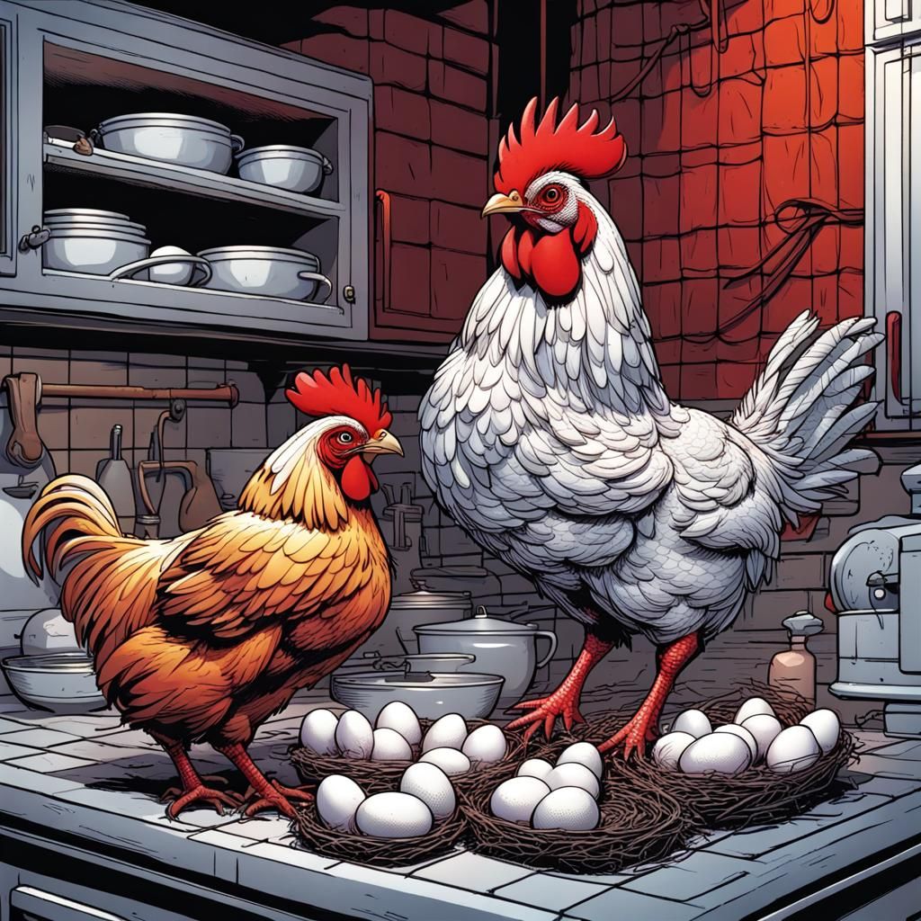 Roosters and Chicks in Kitchen, Comic Book Art