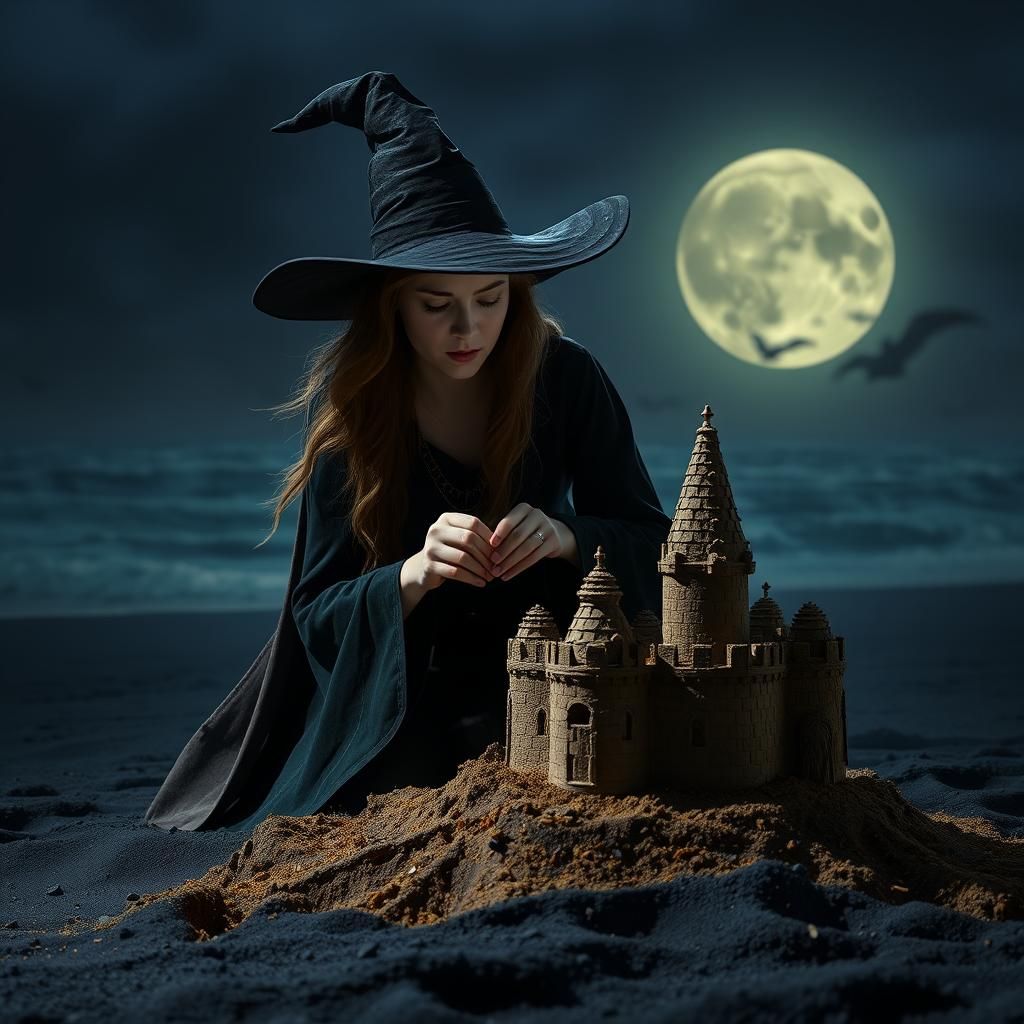 Witch on Black Sand Beach at Moonlight
